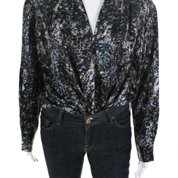 ASTR Women's Yvette Sequin Print V-Neck Bodysuit Black Blue Size Large NWT - Picture 4 of 8